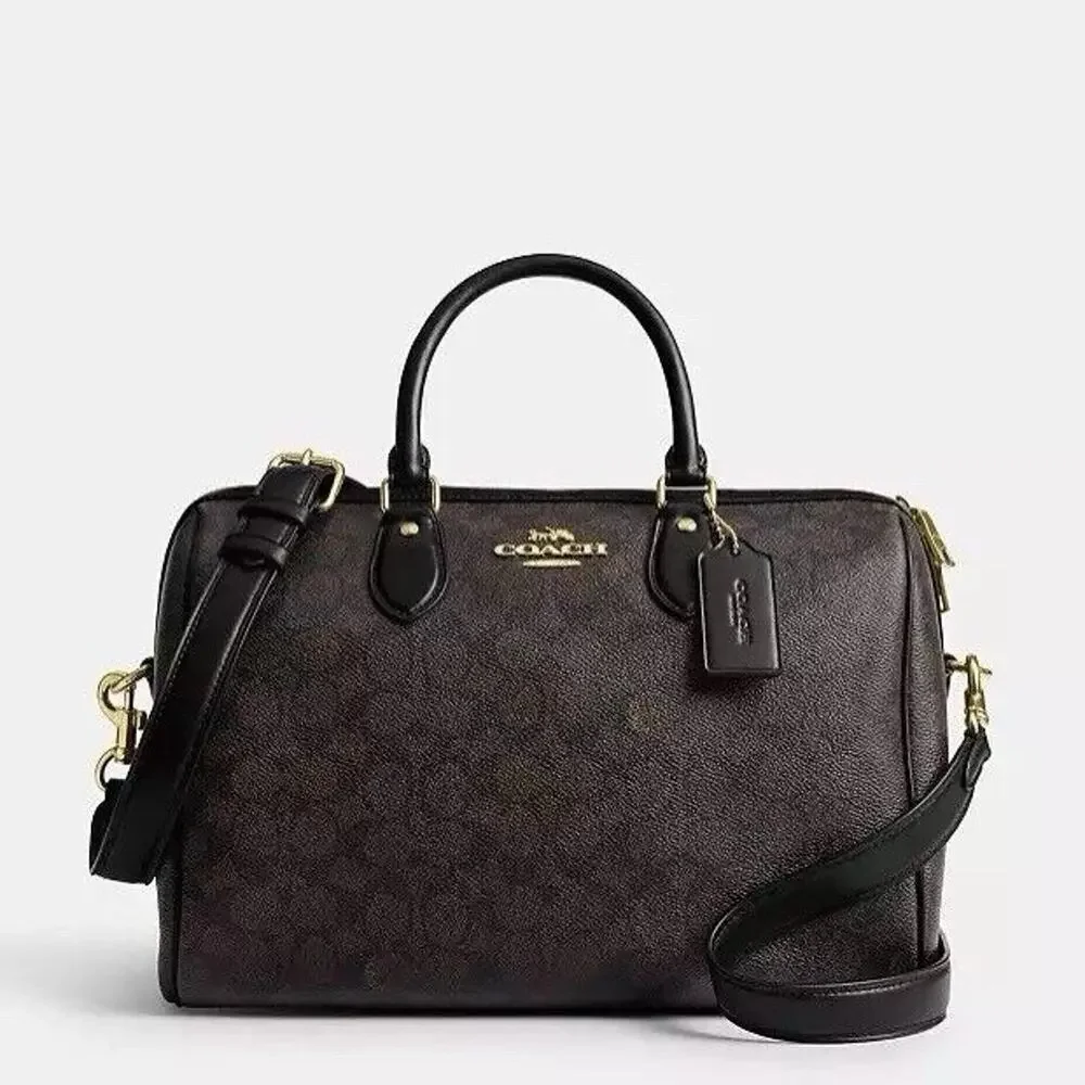 NWT Coach Rowan Large Satchel Bag In Signature Canvas CV959 Gold/Walnut /Black - Picture 3 of 9